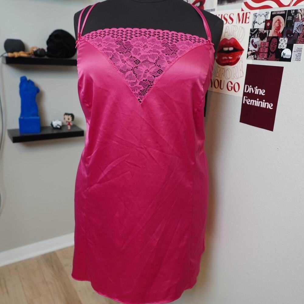 Cacique Hot Pink Satin Lace Slip Dress Coquette Babydoll Nightgown 26/28